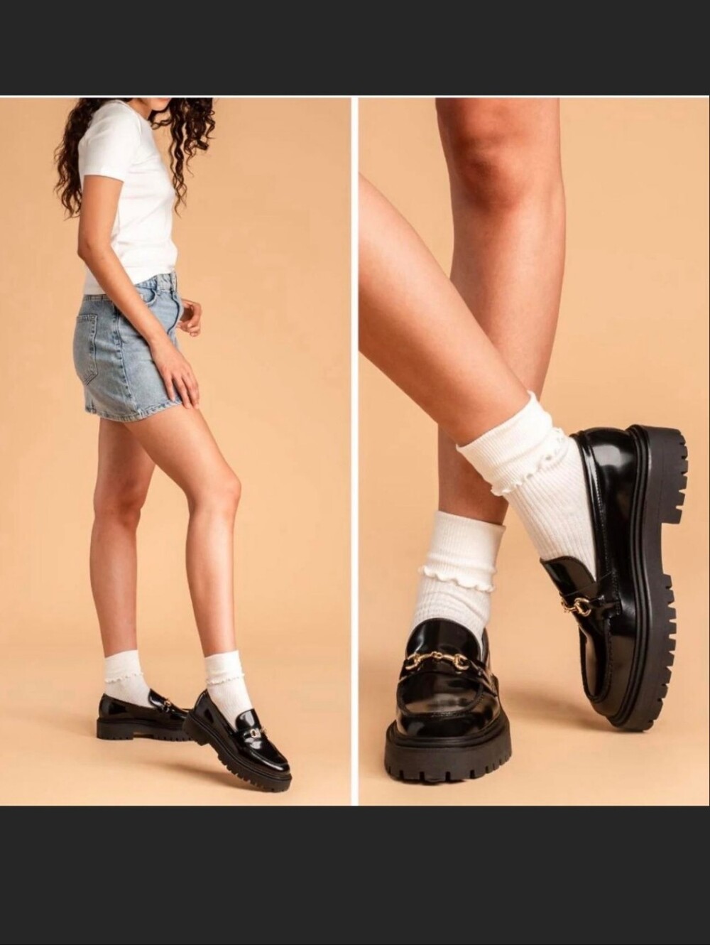 Thursday Boot Company Black Patent Chunky Loafers with Gold Chain Detail